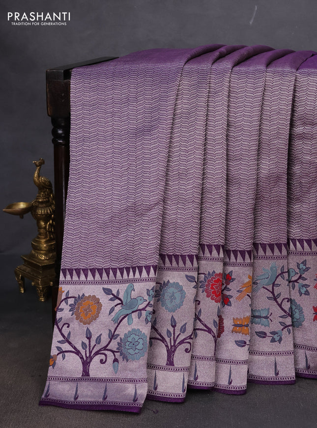 Banarasi semi raw silk saree violet with allover zari woven brocade weaves and floral design paithani border