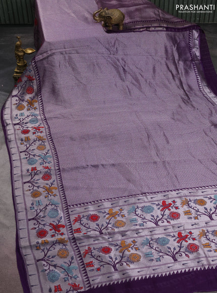Banarasi semi raw silk saree violet with allover zari woven brocade weaves and floral design paithani border