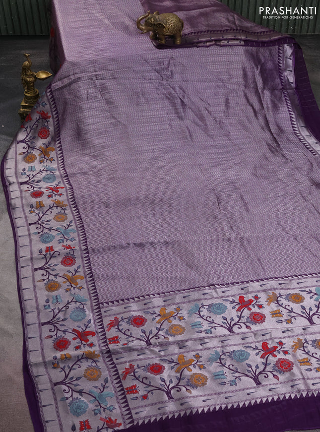 Banarasi semi raw silk saree violet with allover zari woven brocade weaves and floral design paithani border