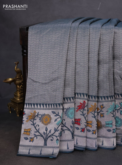 Banarasi semi raw silk saree peacock blue with allover zari woven brocade weaves and floral design paithani border