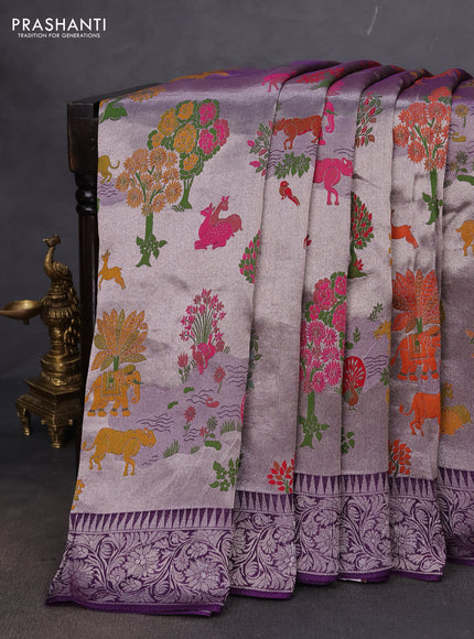 Banarasi semi raw silk saree violet with allover silver zari woven paithani weaves and woven border