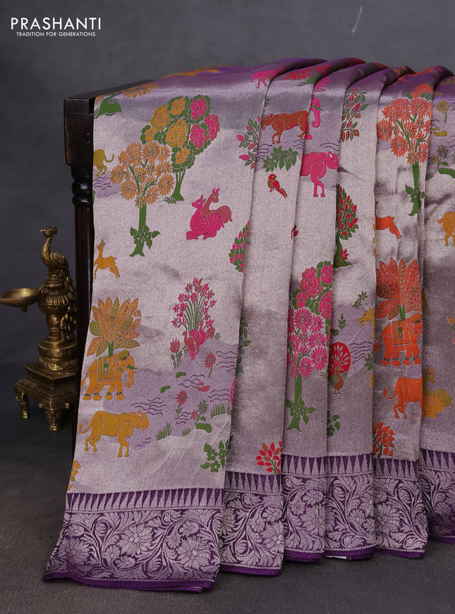 Banarasi semi raw silk saree violet with allover silver zari woven paithani weaves and woven border