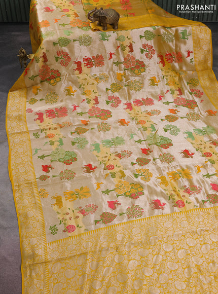 Banarasi semi raw silk saree yellow with allover silver zari woven paithani weaves and woven border