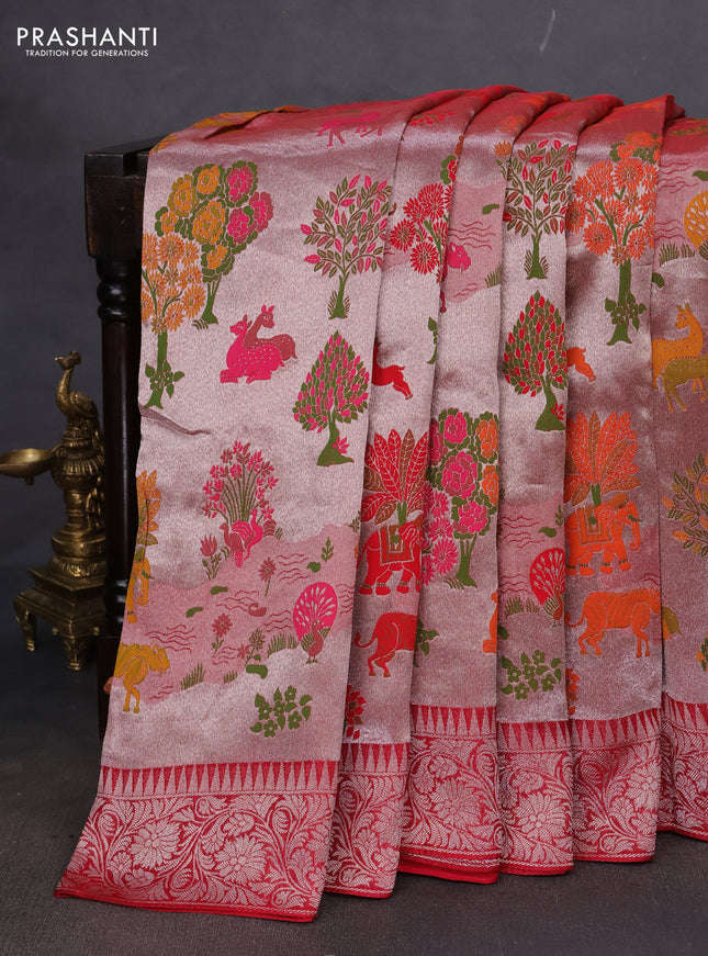 Banarasi semi raw silk saree red with allover silver zari woven paithani weaves and woven border