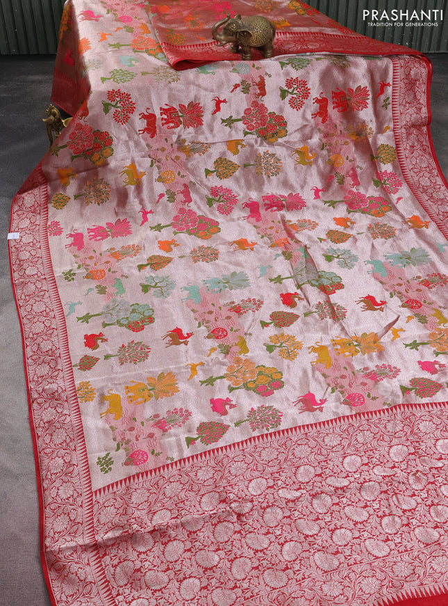 Banarasi semi raw silk saree red with allover silver zari woven paithani weaves and woven border
