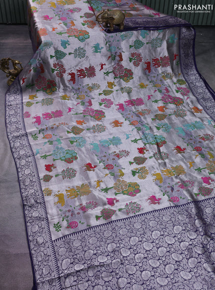 Banarasi semi raw silk saree navy blue with allover silver zari woven paithani weaves and woven border