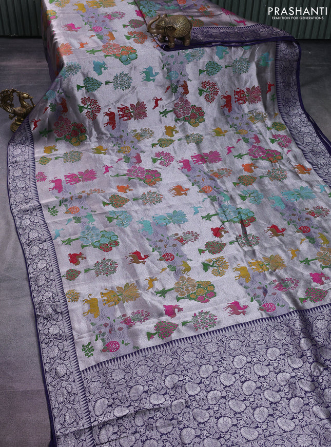 Banarasi semi raw silk saree navy blue with allover silver zari woven paithani weaves and woven border