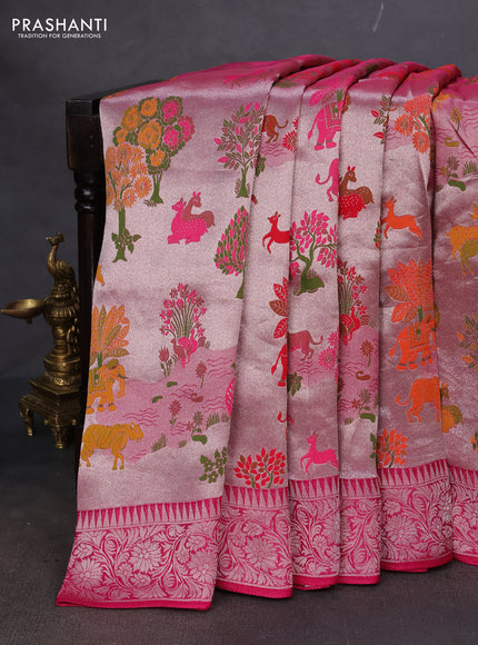 Banarasi semi raw silk saree pink with allover silver zari woven paithani weaves and woven border