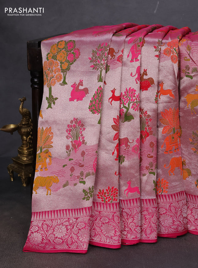Banarasi semi raw silk saree pink with allover silver zari woven paithani weaves and woven border