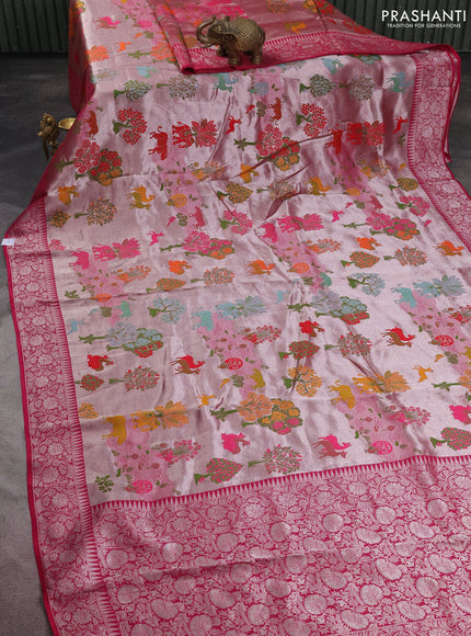 Banarasi semi raw silk saree pink with allover silver zari woven paithani weaves and woven border