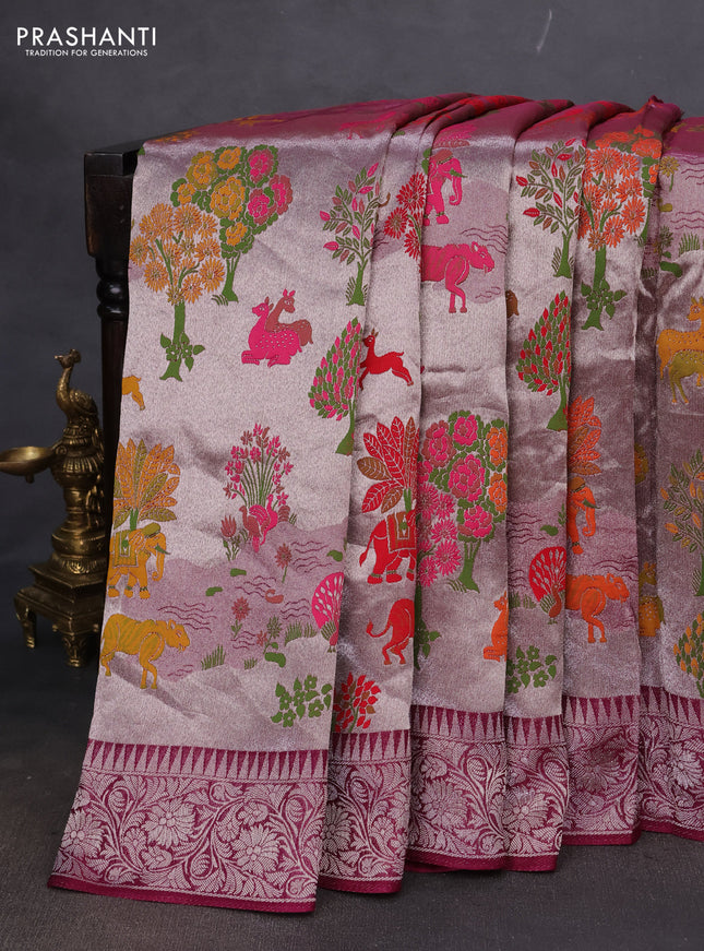 Banarasi semi raw silk saree wine shade with allover silver zari woven paithani weaves and woven border