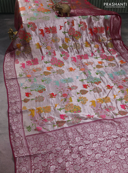 Banarasi semi raw silk saree wine shade with allover silver zari woven paithani weaves and woven border