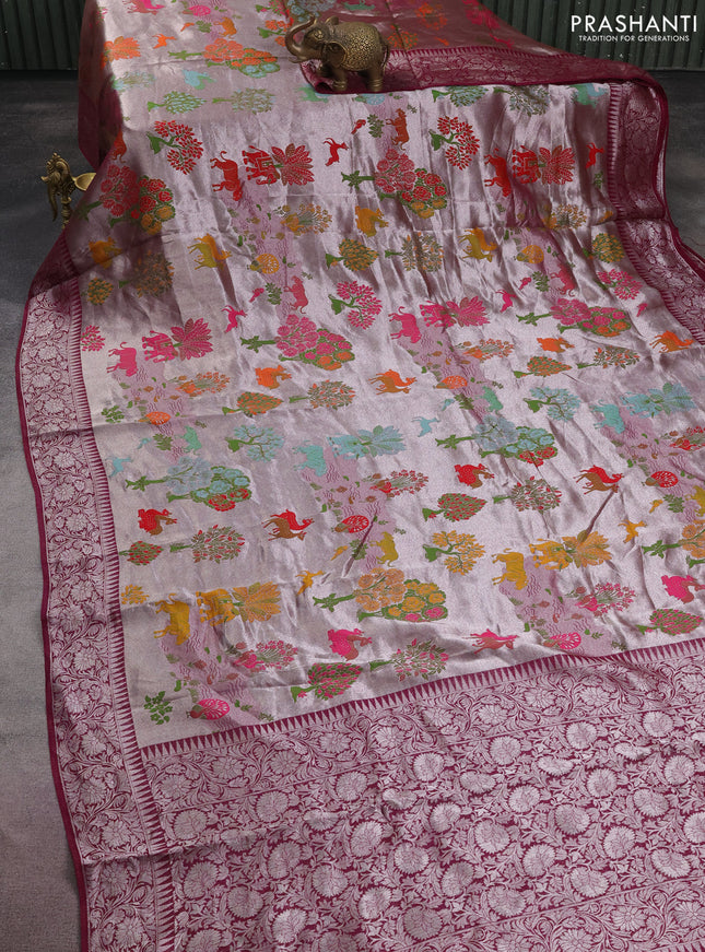 Banarasi semi raw silk saree wine shade with allover silver zari woven paithani weaves and woven border
