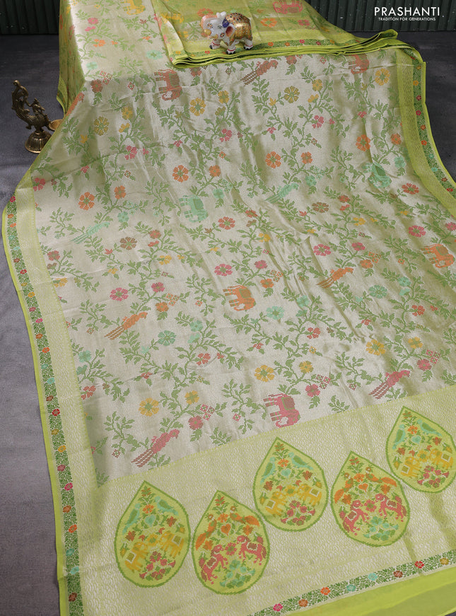 Banarasi semi raw silk saree fluorescent green with allover silver zari woven paithani weaves and woven border