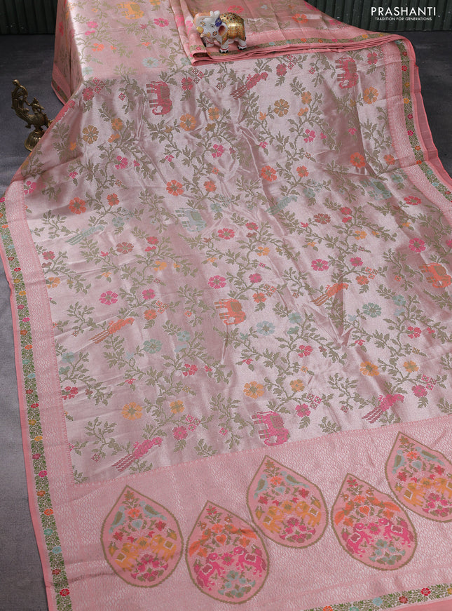Banarasi semi raw silk saree peach shade with allover silver zari woven paithani weaves and woven border