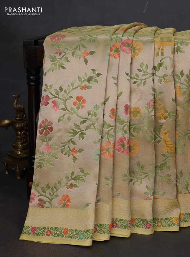 Banarasi semi raw silk saree lime yellow with allover silver zari woven paithani weaves and woven border
