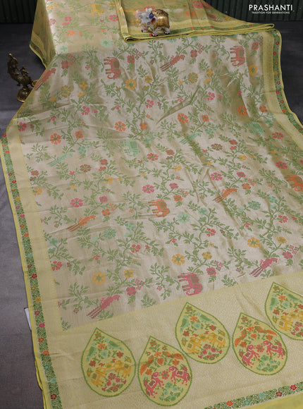 Banarasi semi raw silk saree lime yellow with allover silver zari woven paithani weaves and woven border