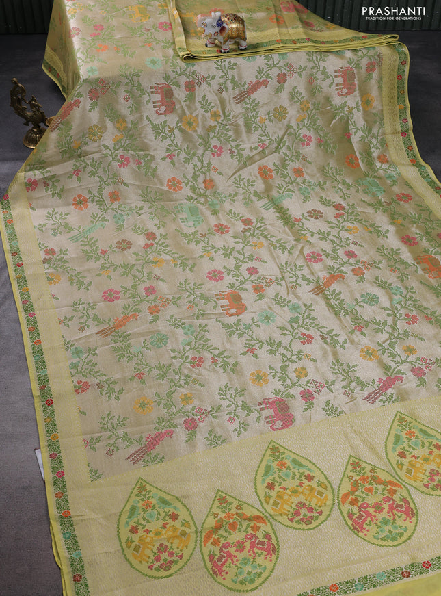 Banarasi semi raw silk saree lime yellow with allover silver zari woven paithani weaves and woven border