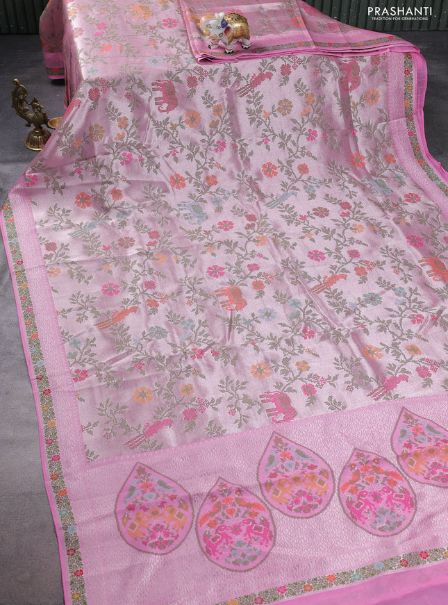 Banarasi semi raw silk saree light pink with allover silver zari woven paithani weaves and woven border