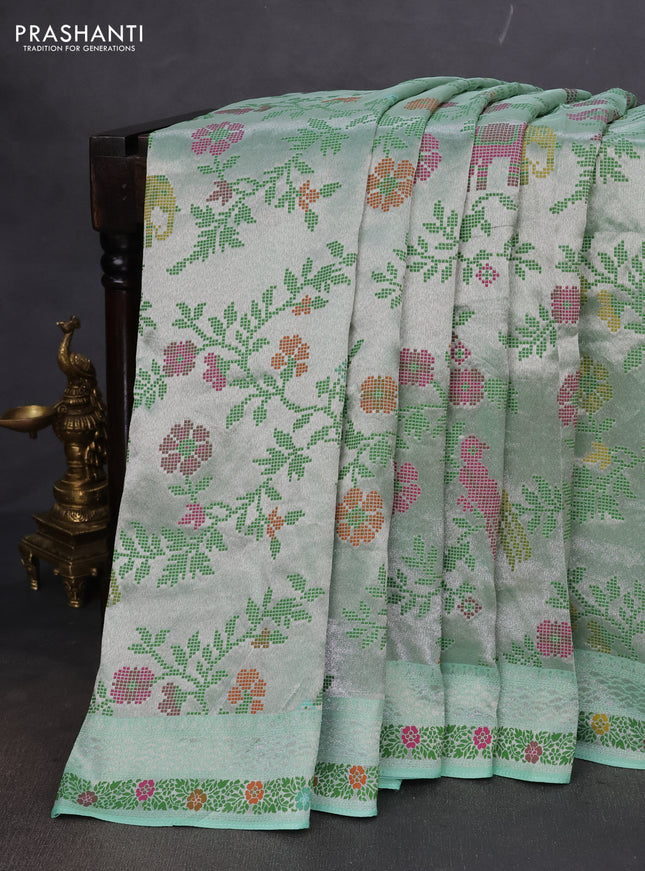 Banarasi semi raw silk saree teal green with allover silver zari woven paithani weaves and woven border