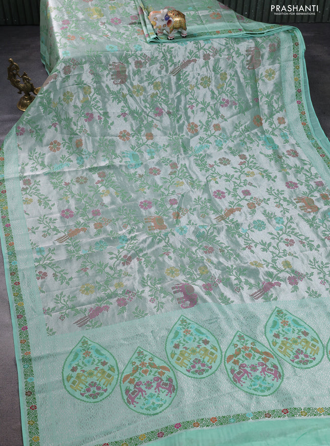 Banarasi semi raw silk saree teal green with allover silver zari woven paithani weaves and woven border