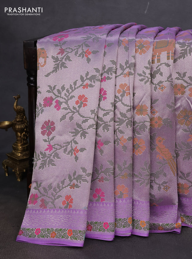 Banarasi semi raw silk saree lavender with allover silver zari woven paithani weaves and woven border