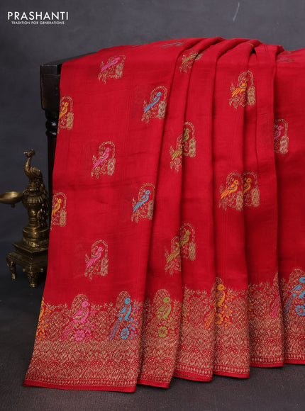 Banarasi semi raw silk saree maroon with thread & zari woven buttas and woven border