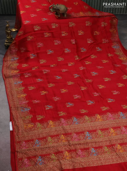 Banarasi semi raw silk saree maroon with thread & zari woven buttas and woven border
