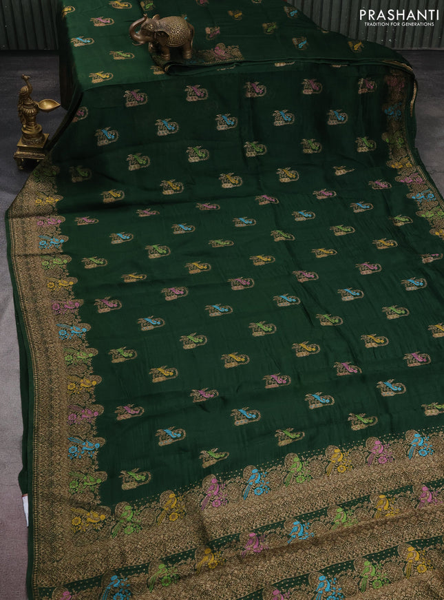 Banarasi semi raw silk saree green with thread & zari woven buttas and woven border