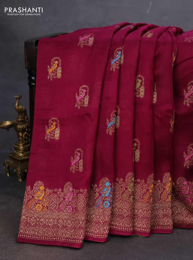 Banarasi semi raw silk saree wine shade with thread & zari woven buttas and woven border