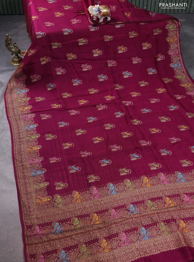 Banarasi semi raw silk saree wine shade with thread & zari woven buttas and woven border