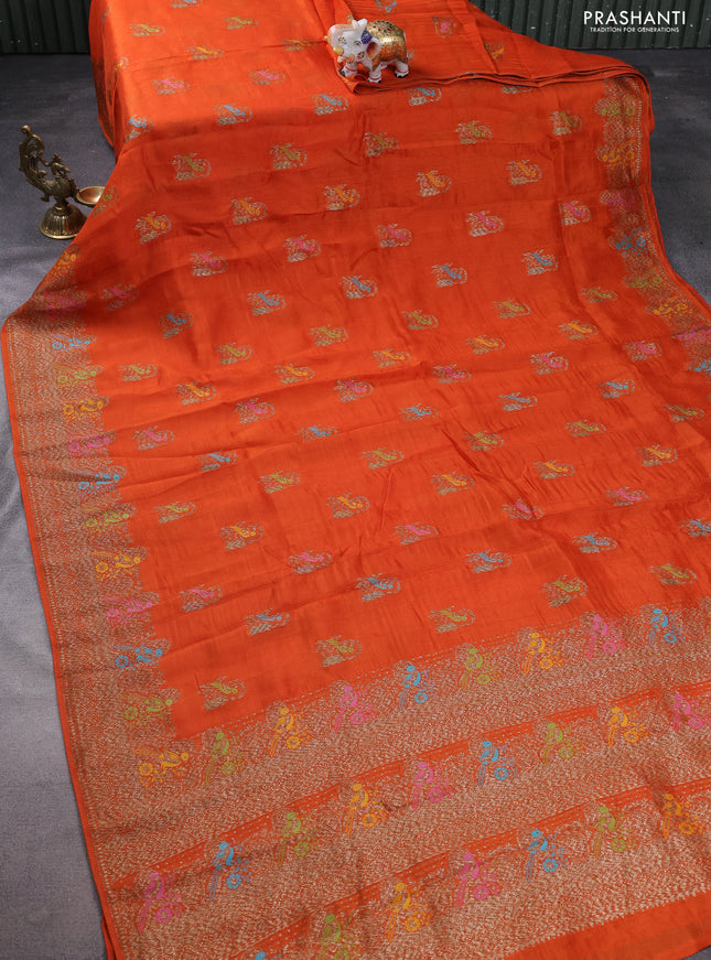 Banarasi semi raw silk saree orange with thread & zari woven buttas and woven border