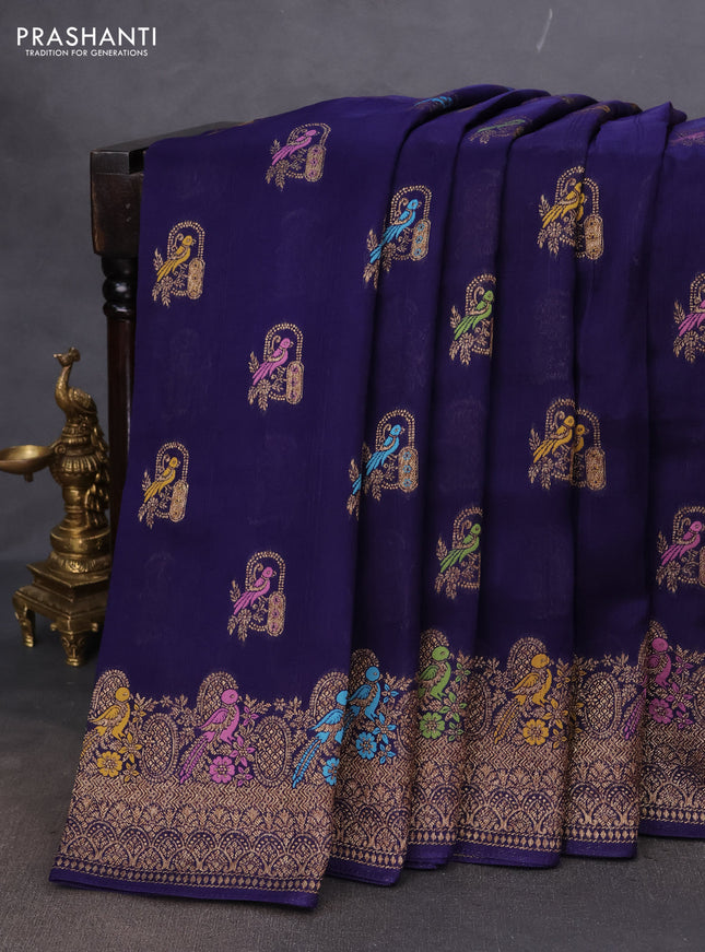 Banarasi semi raw silk saree navy blue with thread & zari woven buttas and woven border