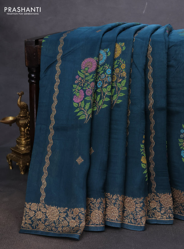 Banarasi semi raw silk saree peacock green with allover thread & zari weaves and woven border