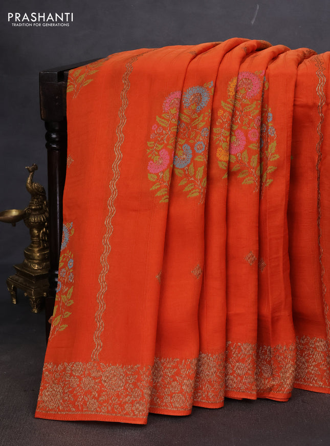 Banarasi semi raw silk saree orange with allover thread & zari weaves and woven border