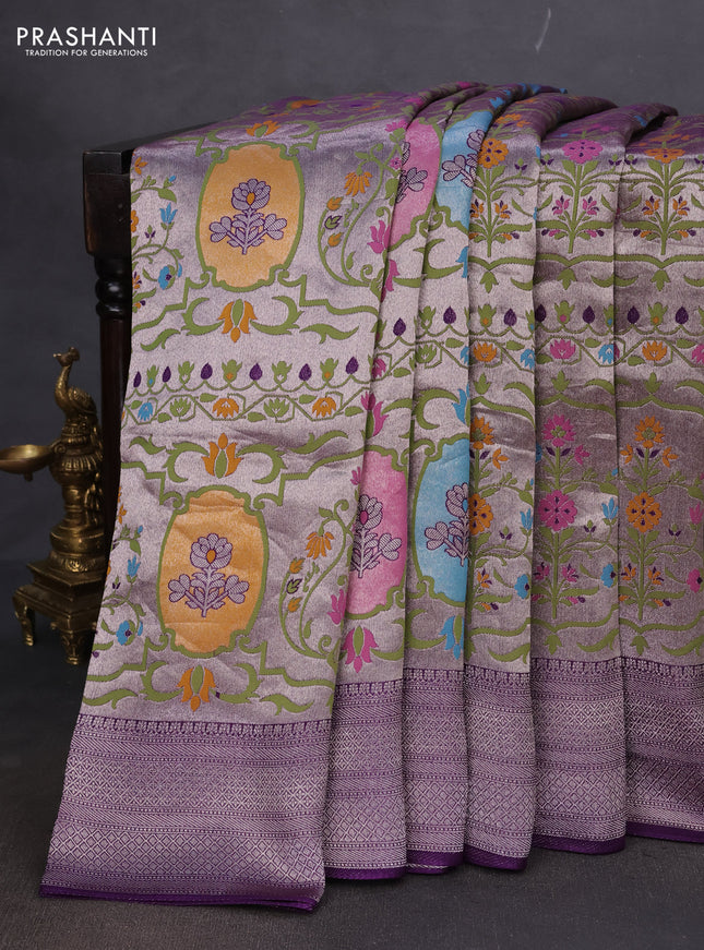 Banarasi semi raw silk saree violet with allover zari woven paithani weaves and zari woven border