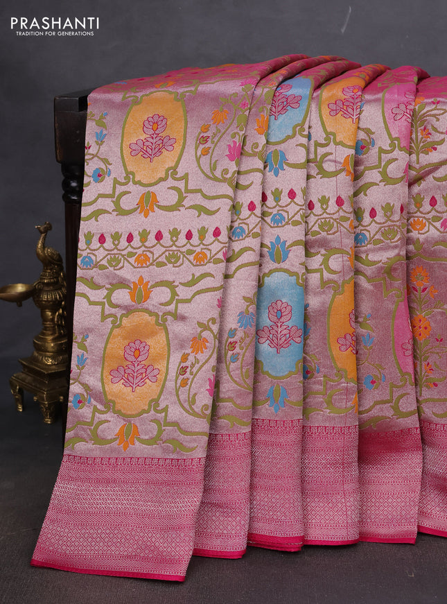 Banarasi semi raw silk saree pink with allover zari woven paithani weaves and zari woven border