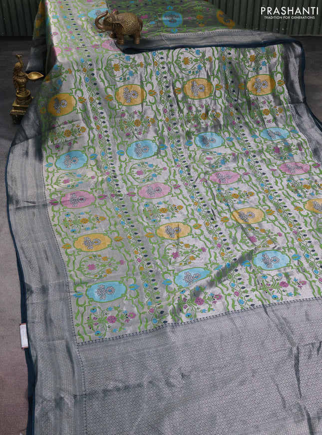 Banarasi semi raw silk saree peacock blue with allover zari woven paithani weaves and zari woven border