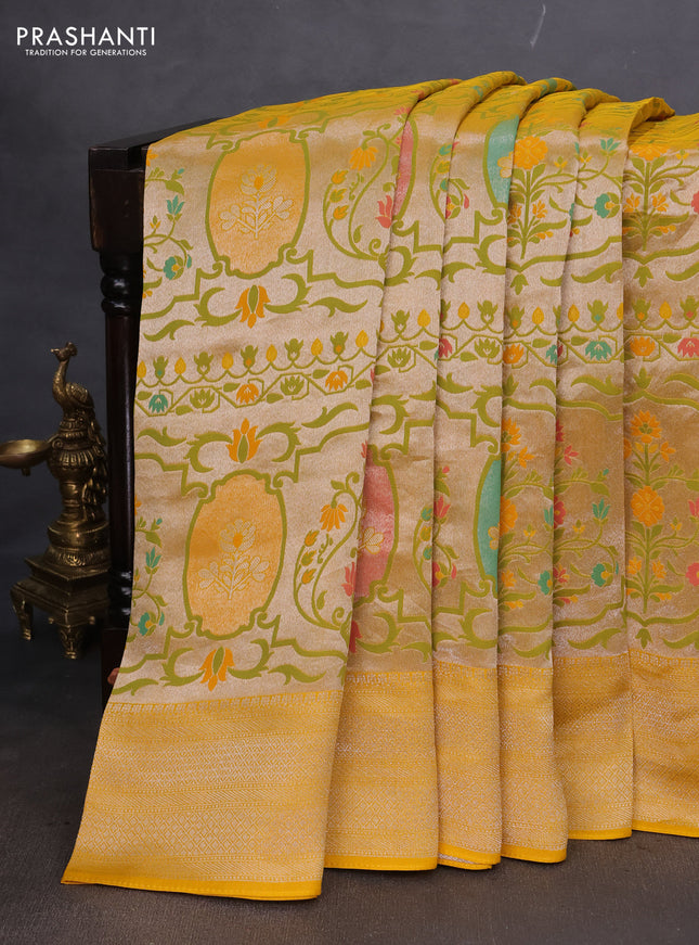Banarasi semi raw silk saree yellow with allover zari woven paithani weaves and zari woven border