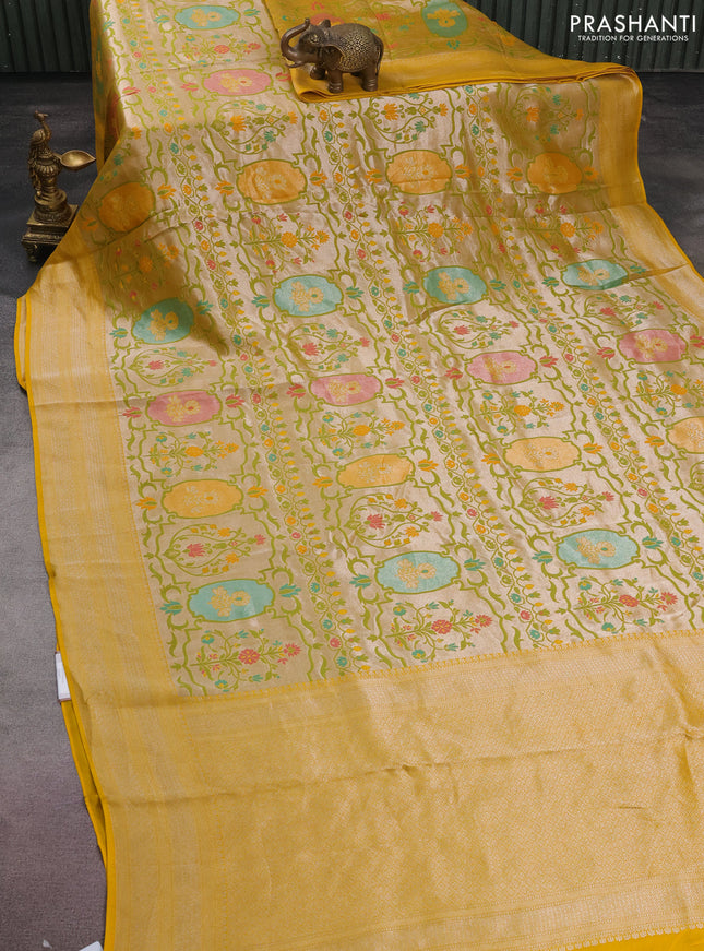 Banarasi semi raw silk saree yellow with allover zari woven paithani weaves and zari woven border