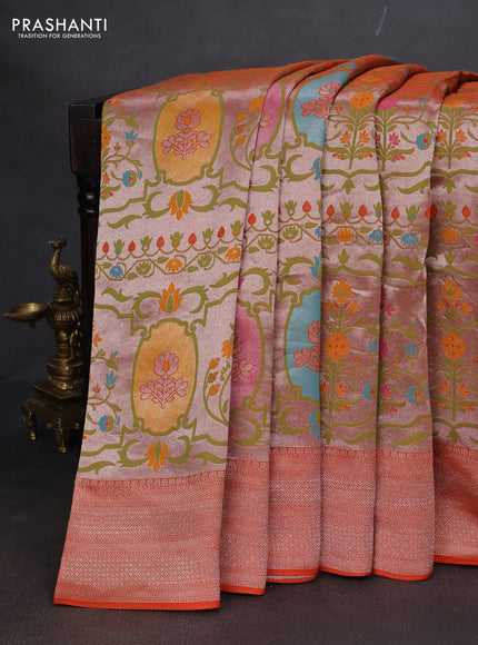 Banarasi semi raw silk saree orange with allover zari woven paithani weaves and zari woven border