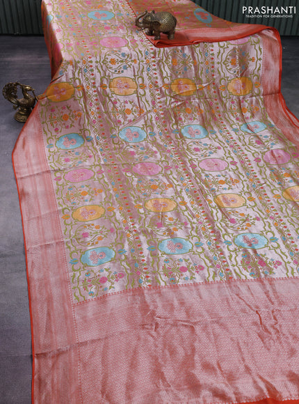 Banarasi semi raw silk saree orange with allover zari woven paithani weaves and zari woven border