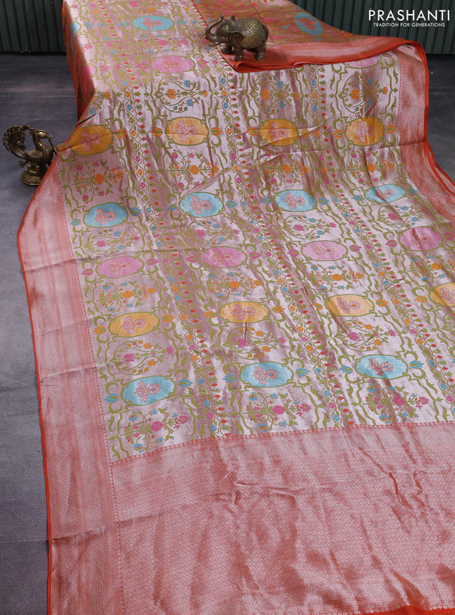 Banarasi semi raw silk saree orange with allover zari woven paithani weaves and zari woven border