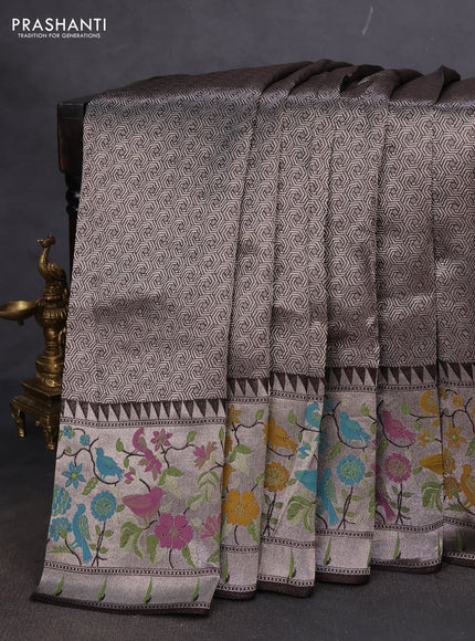 Banarasi semi raw silk saree deep coffee brown with allover silver woven brocade weaves and floral design paithani border
