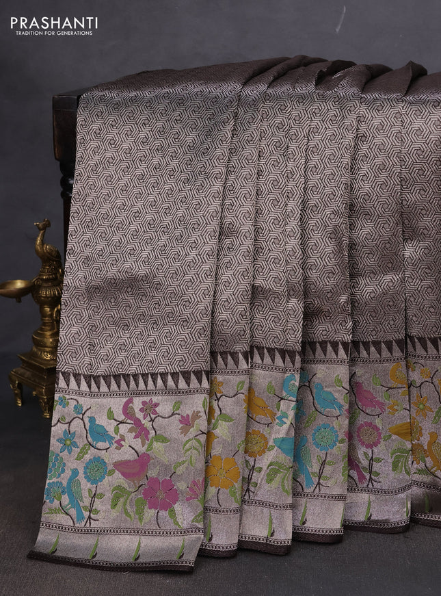 Banarasi semi raw silk saree deep coffee brown with allover silver woven brocade weaves and floral design paithani border