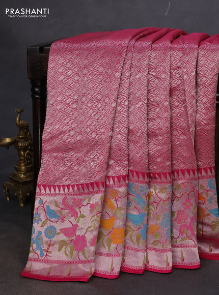 Banarasi semi raw silk saree pink with allover silver woven brocade weaves and floral design paithani border