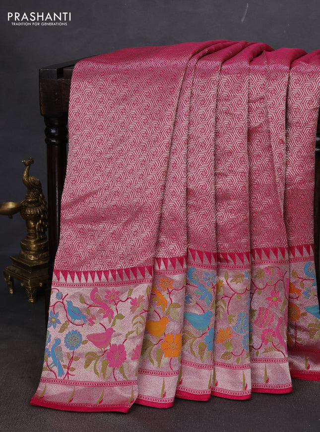 Banarasi semi raw silk saree pink with allover silver woven brocade weaves and floral design paithani border