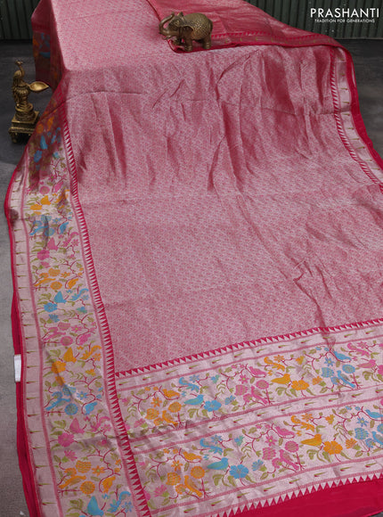 Banarasi semi raw silk saree pink with allover silver woven brocade weaves and floral design paithani border