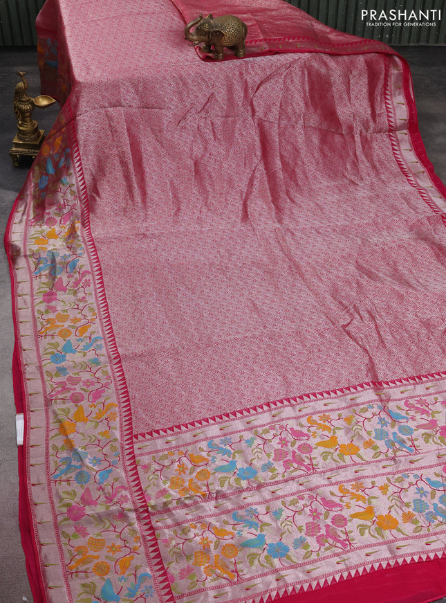 Banarasi semi raw silk saree pink with allover silver woven brocade weaves and floral design paithani border