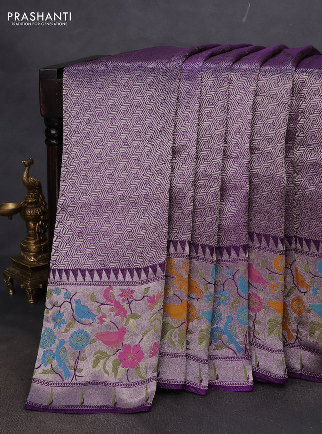 Banarasi semi raw silk saree violet with allover silver woven brocade weaves and floral design paithani border